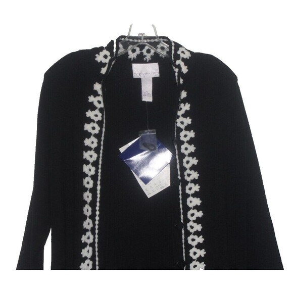 Susan Graver Open Cardigan Black White Embroidered Trim Sweater SZ L NWT - Picture 4 of 6